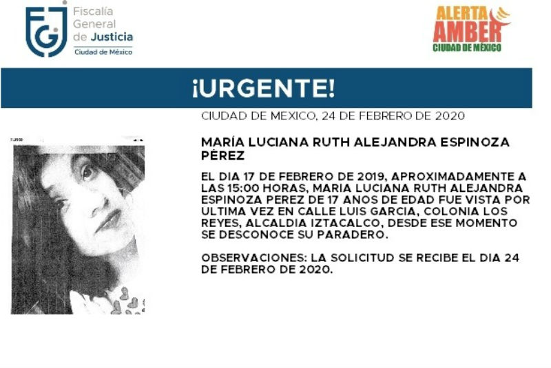 #AlertaAmber: María Luciana tiene 17 años y desapareció en Los Reyes, Iztacalco. Noticias en tiempo real
