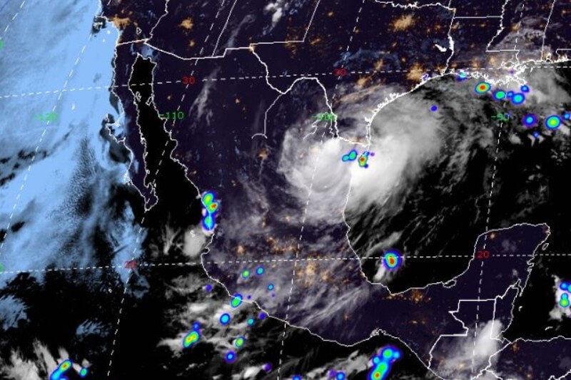 Mapa que muestra la llegada de la Tormenta Tropical Hanna a costas mexicanas