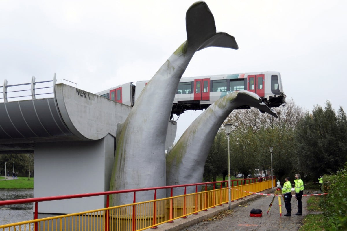 Tren de Rotterdam cae en estatua de ballena