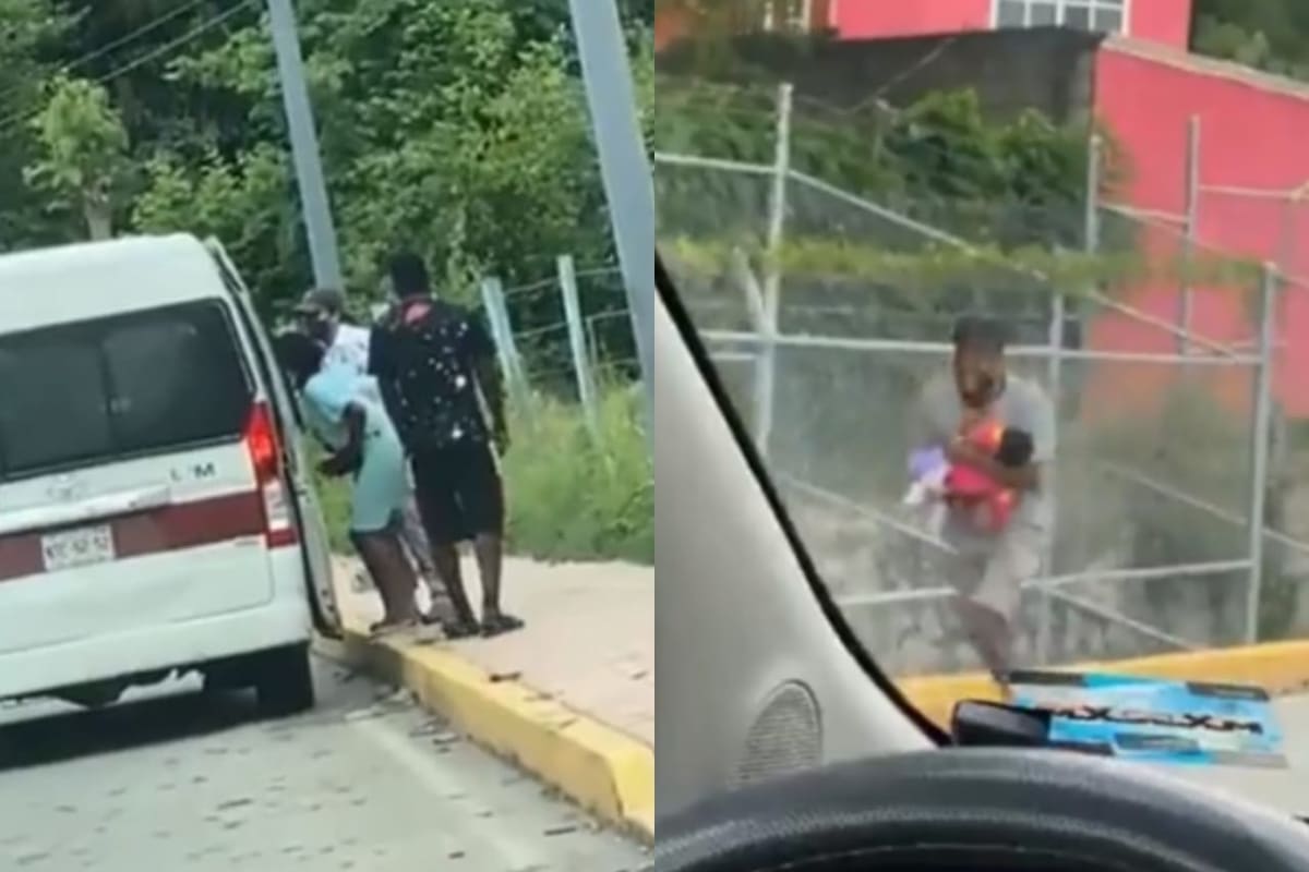 Foto: captura | En el clip se observa a un migrante quien ccorre del vehículo con un niño en brazos.