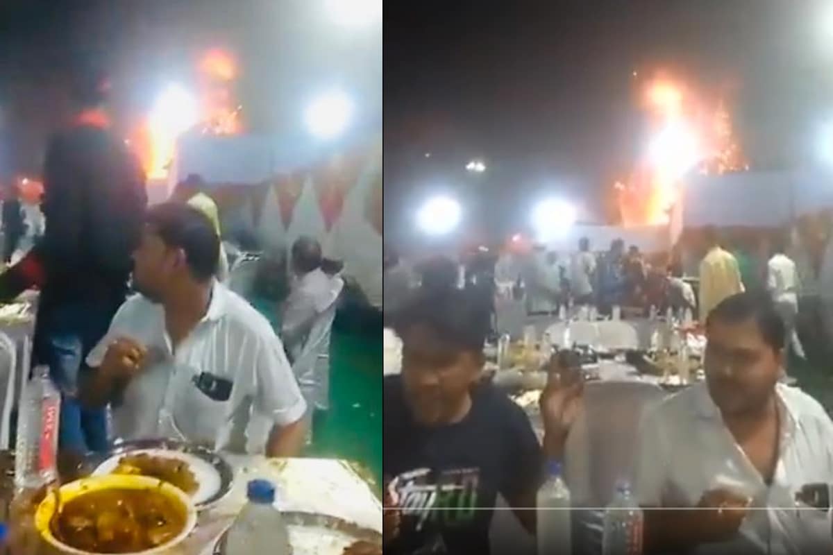 Foto: captura | En la boda, los dos sujetos permanecieron comiendo en sus asientos a pesar del incendio.