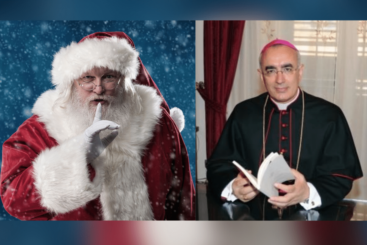 Foto: pixabay y redes | Obispo le dice a unos niños que Papá Noel es un personaje imaginario hecho para fines publicitarios