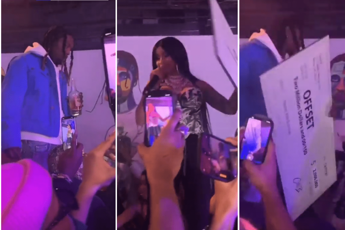 Foto: Captura de video. Twitter@girlsinrap | La cantante Cardi B le entregó un cheque millonario a su pareja Offset por su cumpleaños número 30