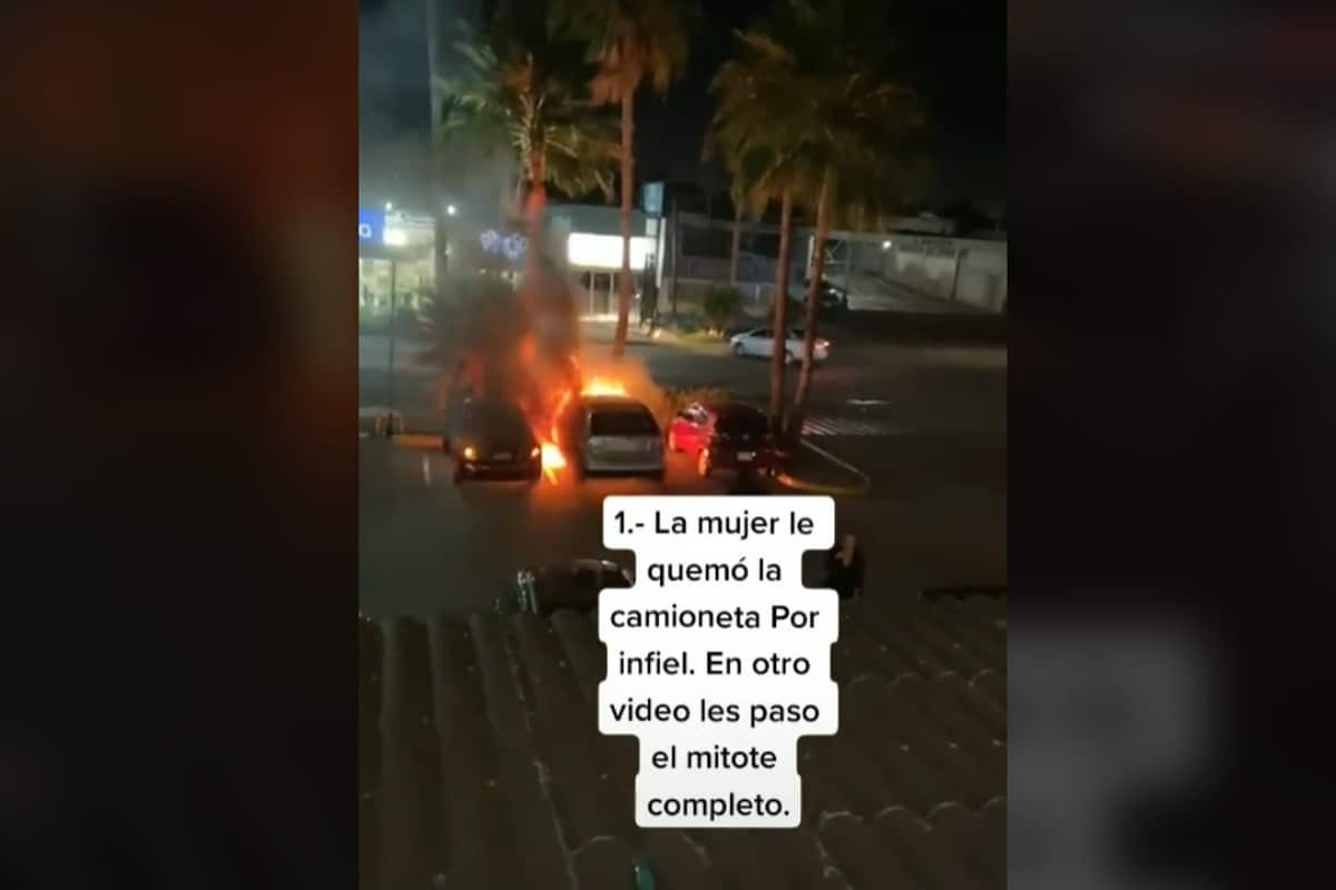 Foto: captura | Una usuaria en TikTok compartió el video de la camioneta incendiada en un estacionamiento.