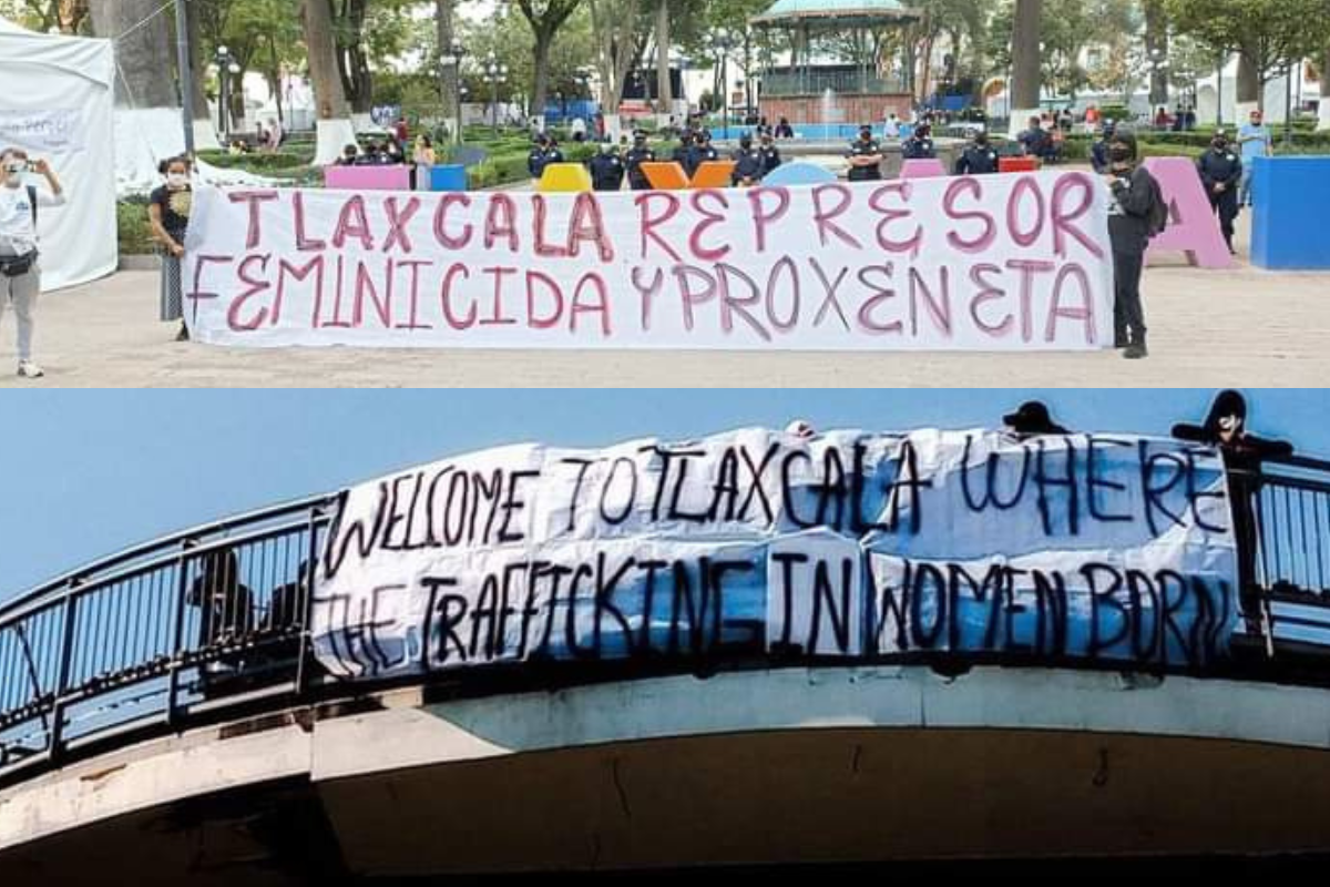 Foto: Twitter/ @shedcrimson | “Bienvenidos a Tlaxcala donde nace la trata de mujeres”, feministas en el Tour Mundial de Voleibol