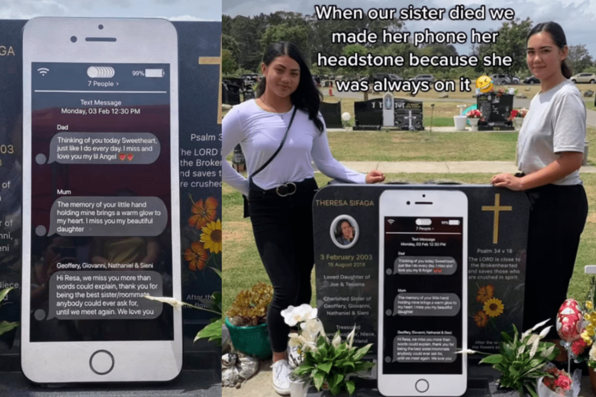 Foto: TikTok/ @ ssouthsides |Familia coloca iPhone gigante en la lápida de su hija de 15 años