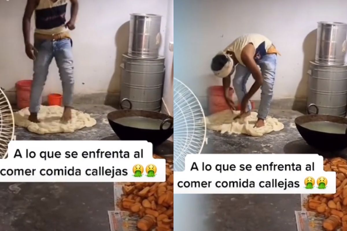 Foto:Captura de pantalla|¡Mmm...patas! Captan a vendedor preparando masa de pan con los pies