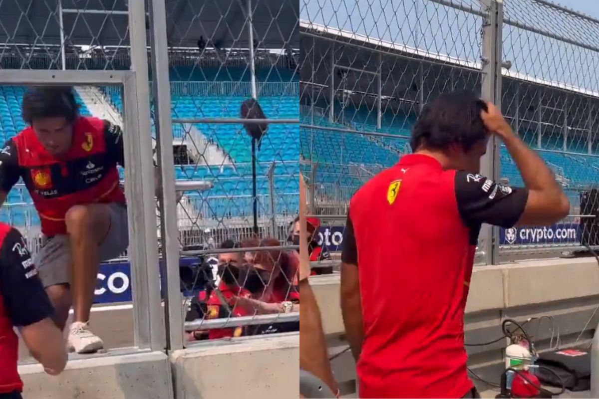 Foto:Captura de pantalla|¡Lo que faltaba! Carlos Sainz Jr se da un “tope” con la reja de la pista del GP Miami