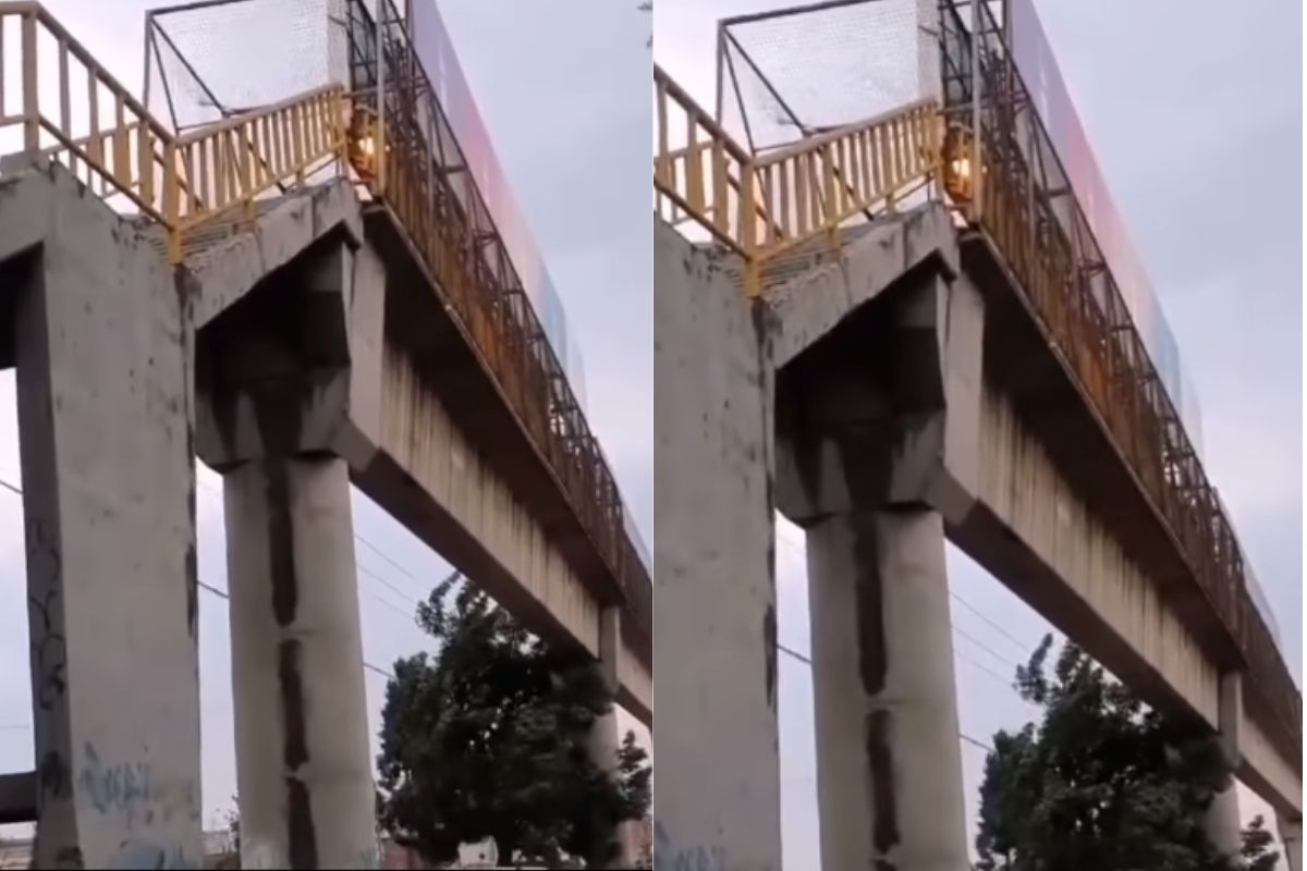 Foto:Captura de pantalla|¡Terror! Difunden video de puente peatonal que se mueve con el viento