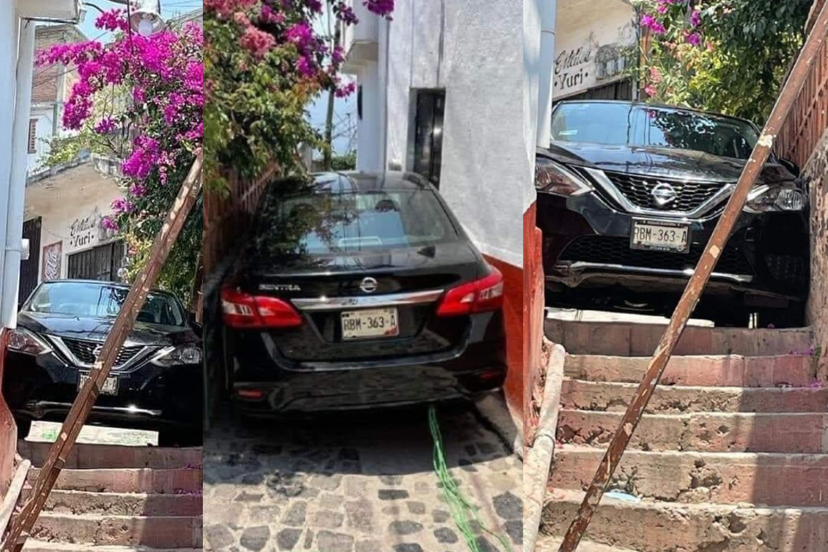 Imágenes del vehículo atorado en calles de Taxco por hacer caso a GPS