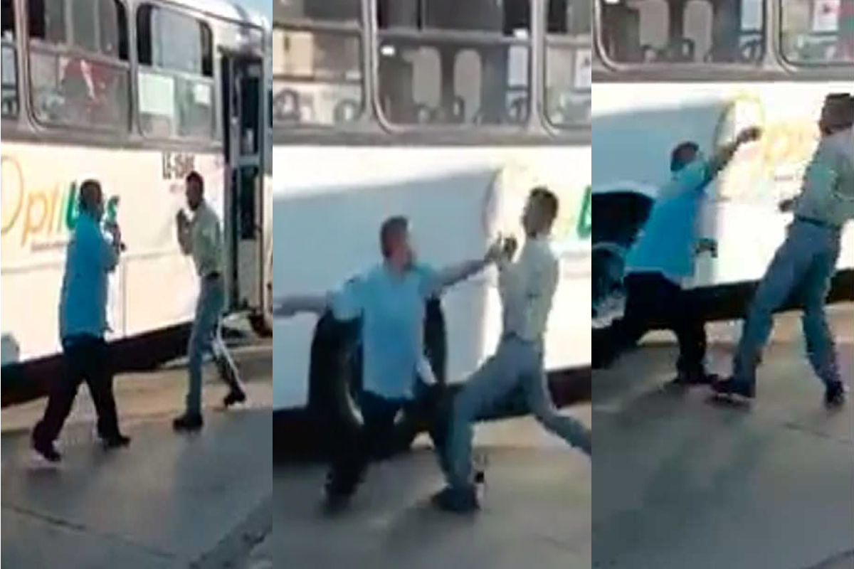 Un chofer de autobús detuvo el tránsito para enfrentarse en una pelea.