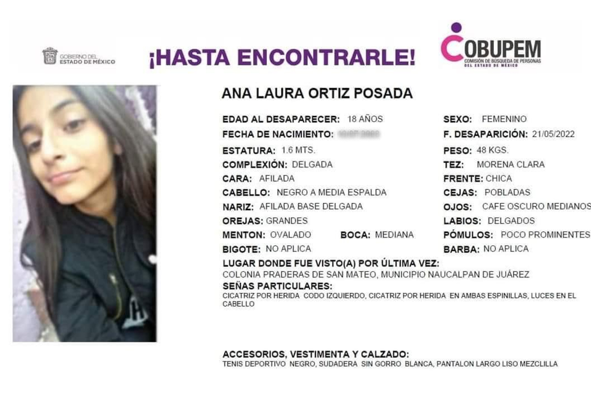 Ana Laura fue vista por última en el municipio de Naucalpan, Edomex.