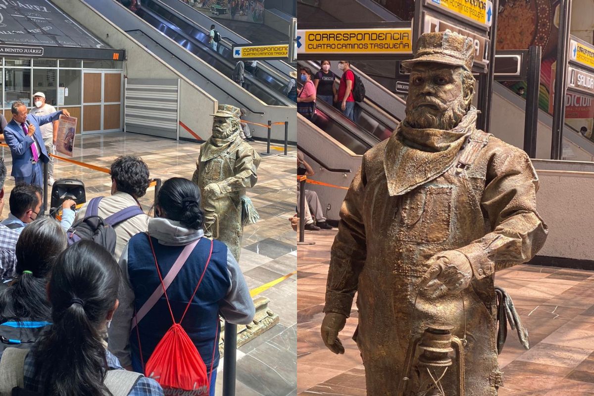 Foto:Twitter/@MetroCDMX|“Don Ferro Ferrocarrilero” La estatua viviente que viaja en el metro
