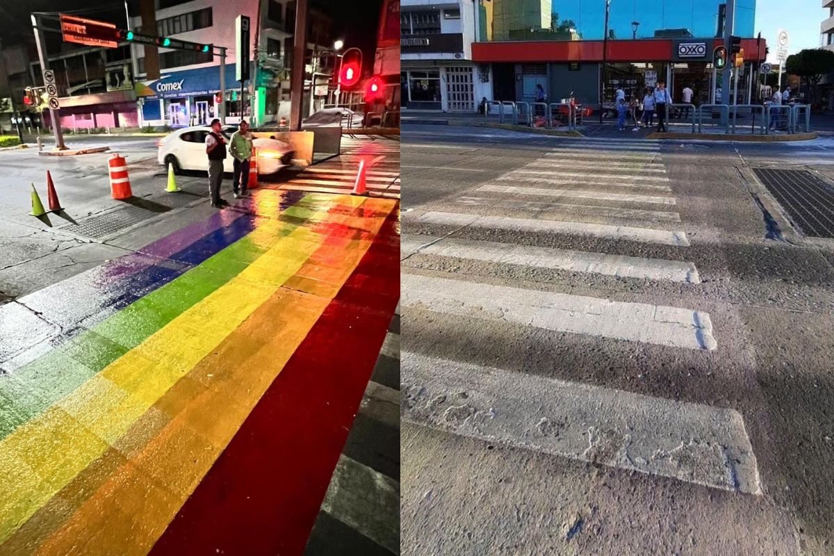 Foto:Twitter/@MonzalvoRod|Usuario denuncia la eliminación de arcoíris LGBT en cruce peatonal