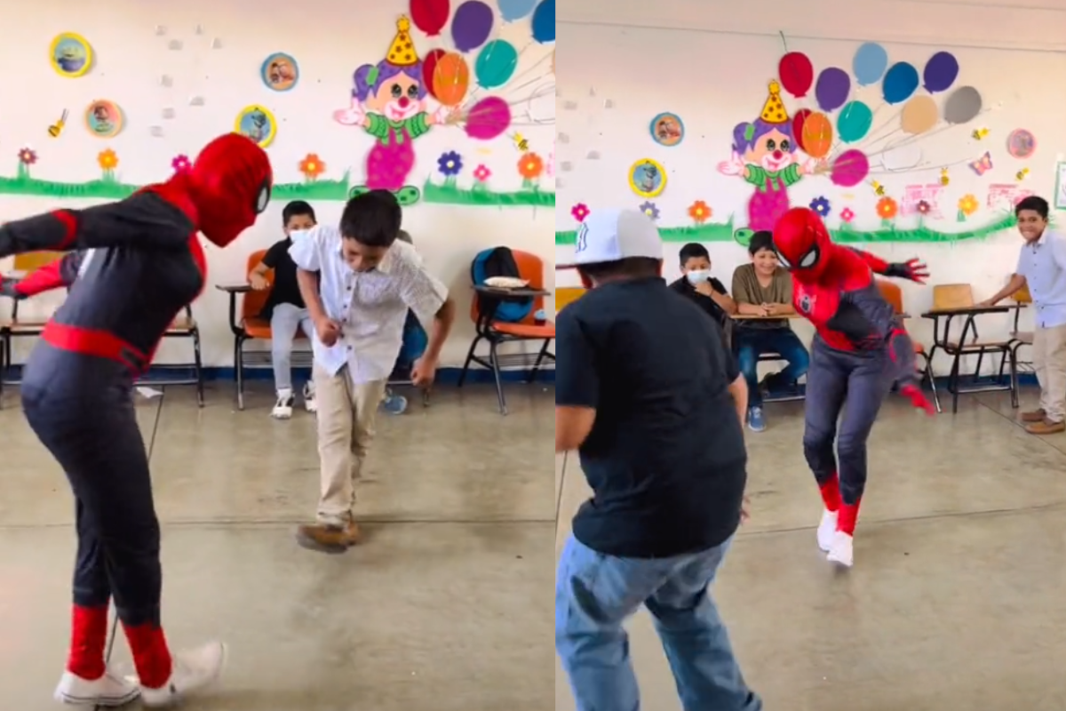 Foto: TikTok / @jocelyngodinez2 | ¡Sacó lo prohibidos!  Vestida de Spider-Man joven enseña a alumnos a bailar cumbia