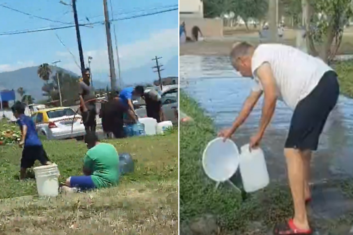 Pobladores de Apodaca buscan agua en tomas de jardínes públicos.