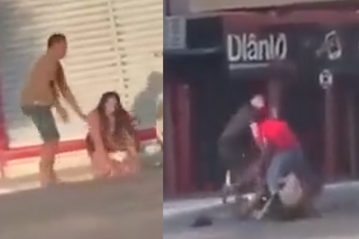 Hombre recibe paliza por golpear a una mujer en la calle.