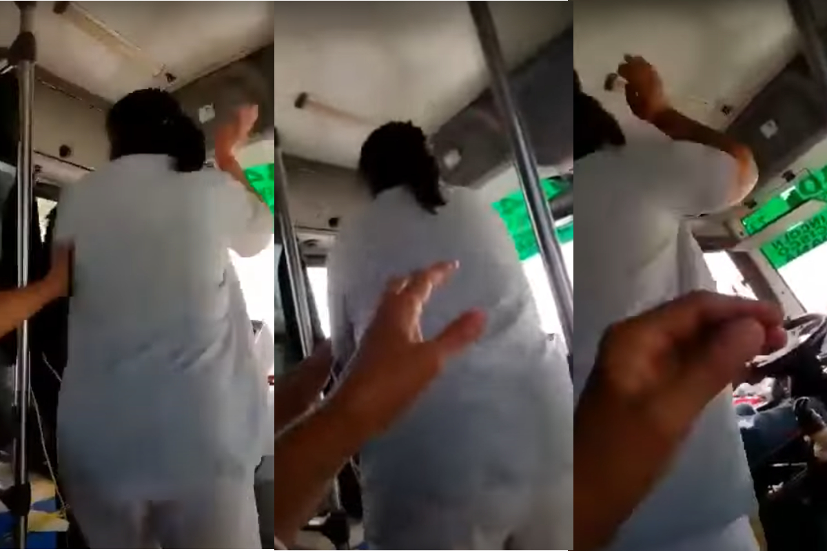 Captan a mujer golpeando al chofer de un microbús.