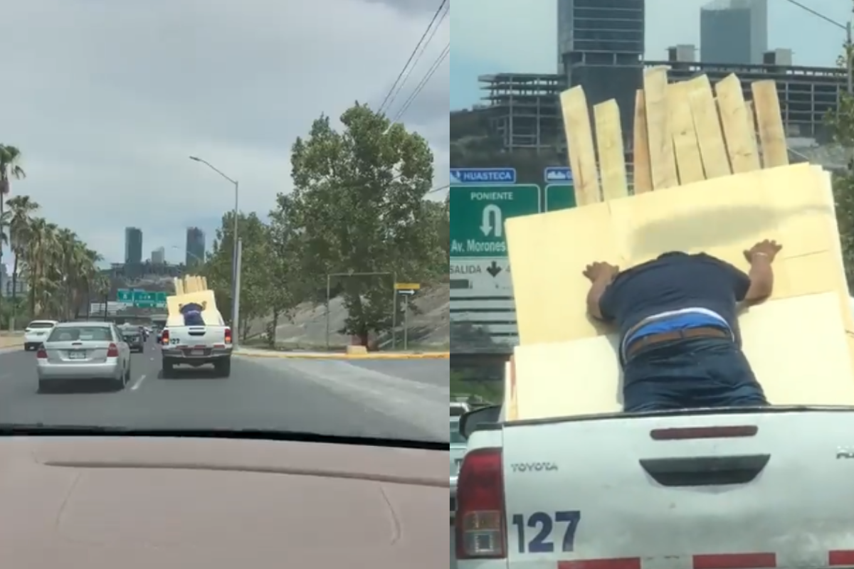 Foto: Twitter/ |  Hombre es captado sosteniendo madera... con camioneta ¡en movimiento!