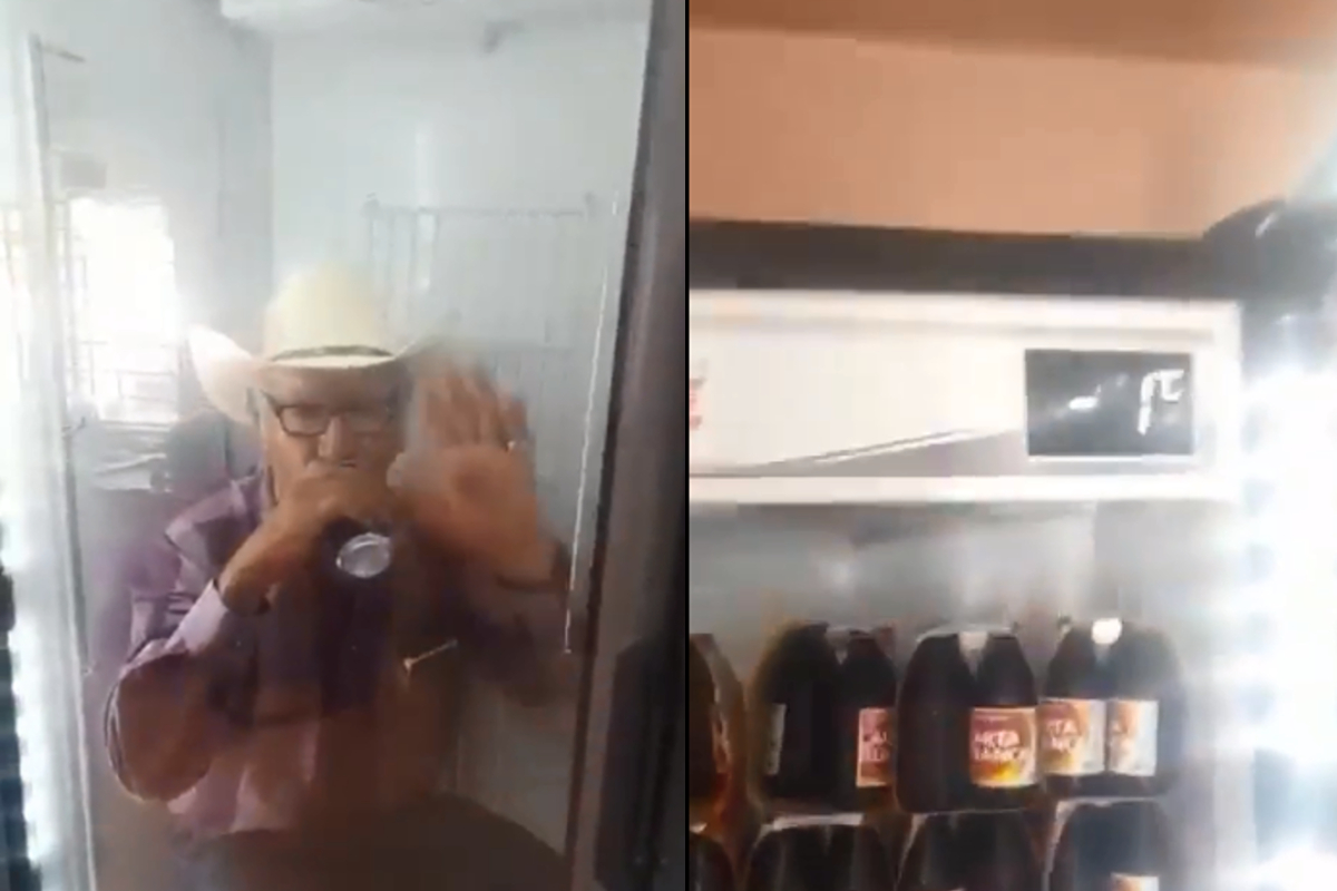 Para mitigar el calor de Nuevo León, un hombre se metió a beber una cerveza dentro de un refrigerador
