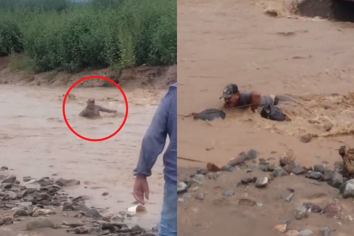 Foto:Captura de pantalla|¡Ajua! Así rescataron a un hombre que era arrastrado por la corriente de un río