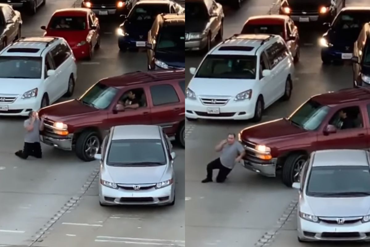 Foto:Captura de pantalla|Video: Se hinca frente a la camioneta que lo chocó para evitar que se diera a la fuga