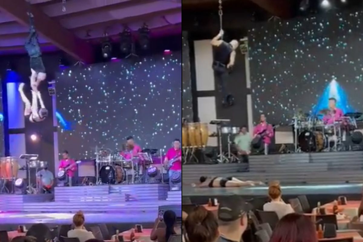 Foto:Captura de pantalla|Video: Así cayó una bailarina acróbata y el show continuó