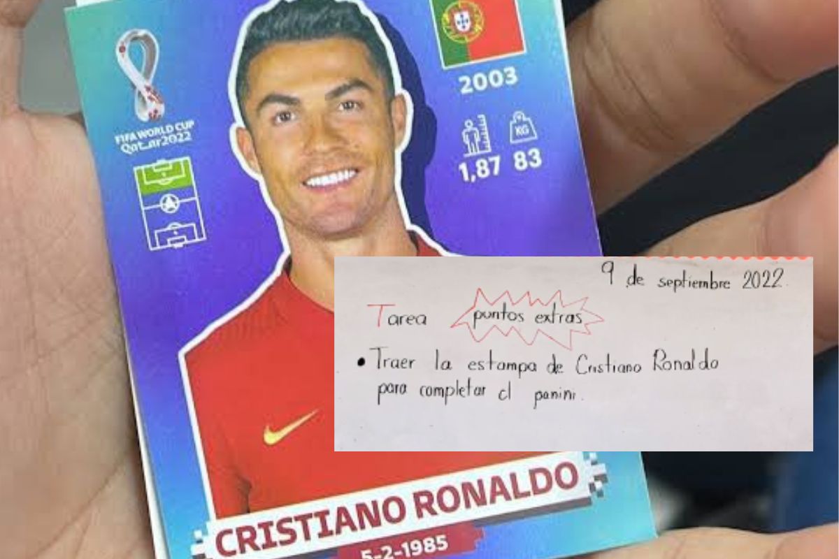 Foto:Captura de pantalla y Twitter/@DelNorteMty|¡Buena tarea! Maestra dará puntos extras al alumno que le consiga la estampa de Cristiano Ronaldo