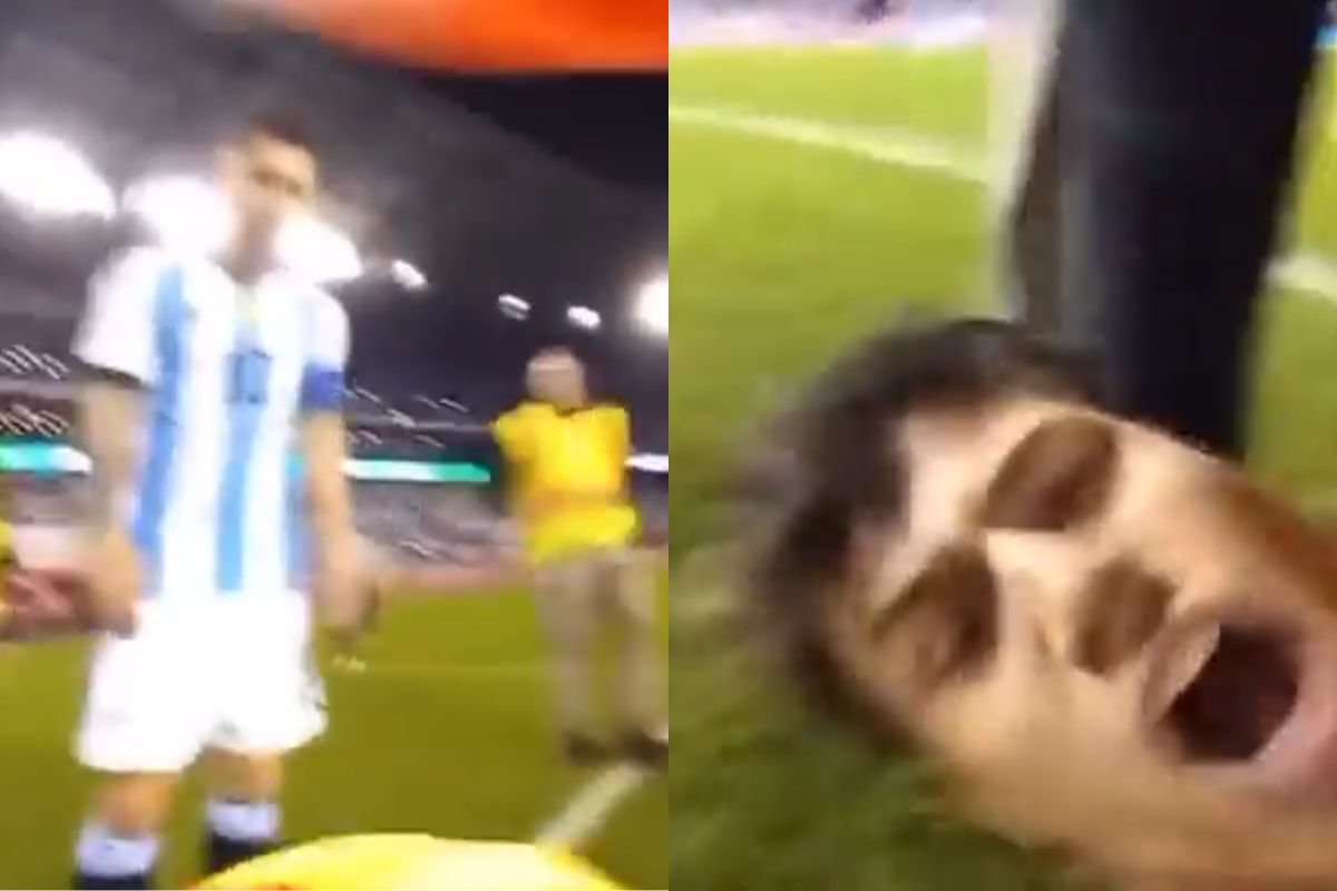 Foto:Captura de pantalla|Video: ¡Te amo, Lio! Así un espontáneo invadió la cancha para abrazar a Messi y lo grabó