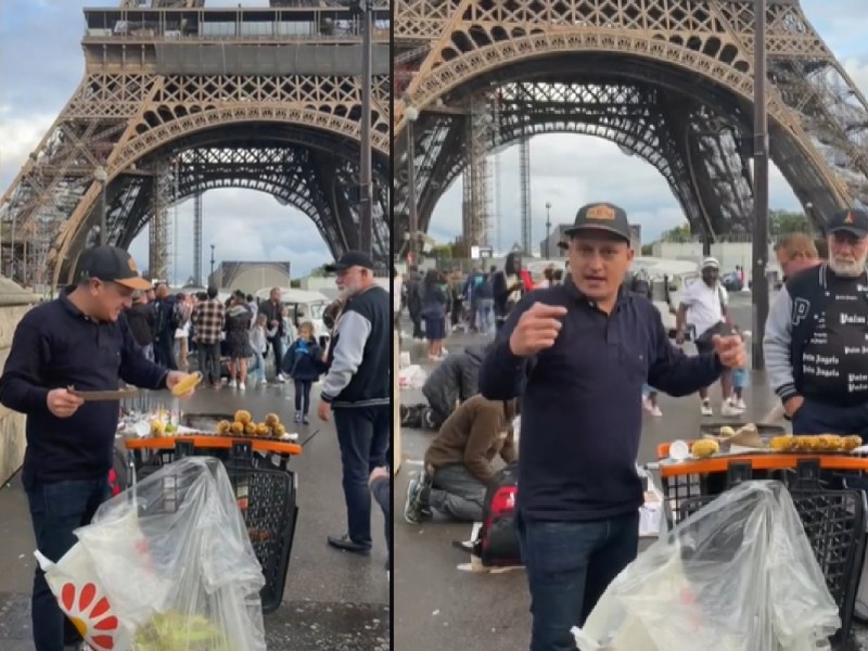 Un joven colombiano se viralizó luego de ser captado vendiendo elotes a un costado de la monumental Torre Eiffel de París