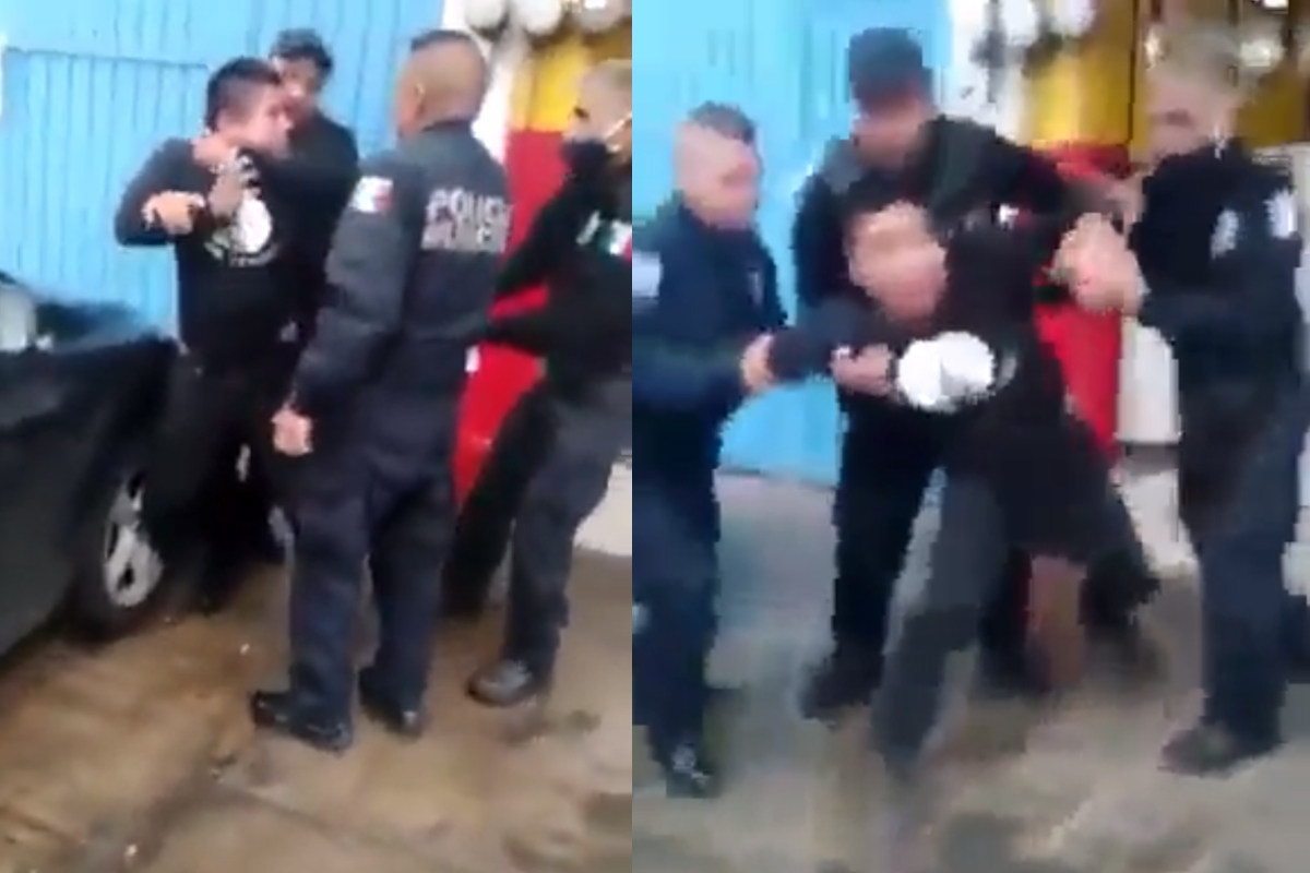 Policías detienen a un hombre por no ceder su lugar en rosticería.