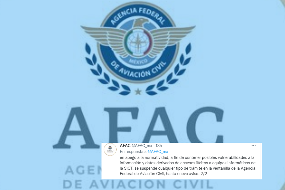 Foto: Twitter/ @AFAC_mx | Tras ataque cibernético a SICT, se suspenden trámites en ventanilla de la AFAC