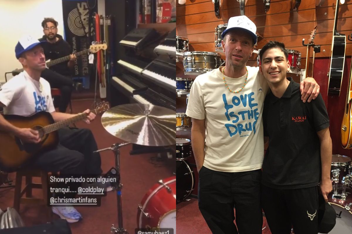 Foto:Captura de pantalla y Twitter/@emilianonievas4|El improvisado concierto de Chris Martin en una tienda de música que se ha vuelto viral
