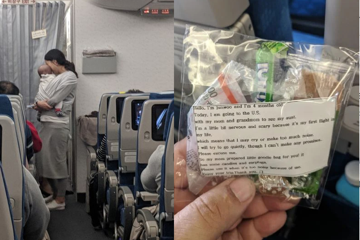 Madre regala dulces y tapones de oídos a pasajeros de un avión, como muestra de "disculpas" anticipadas ante las molestias que podría generar el llanto de su bebé durante el vuelo 