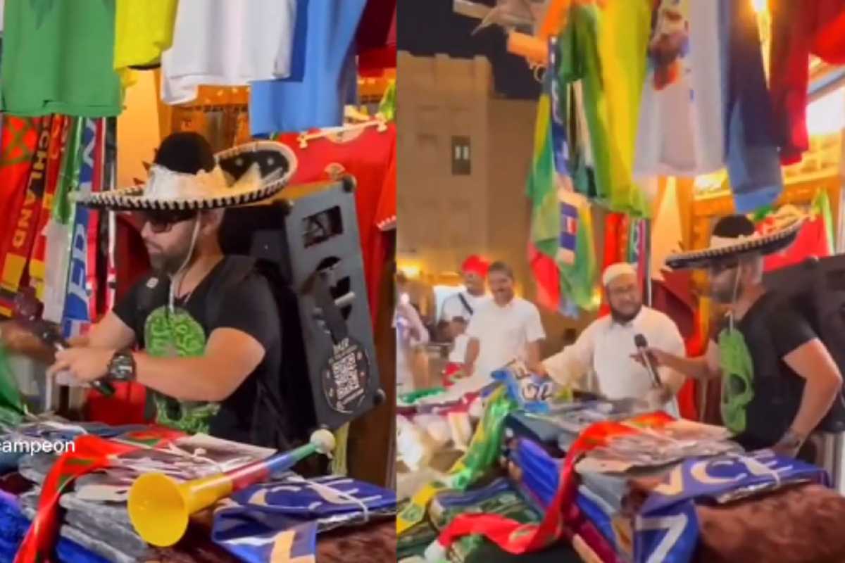 Aficionado mexicano imita al vendedor de cobijas de feria en Qatar
