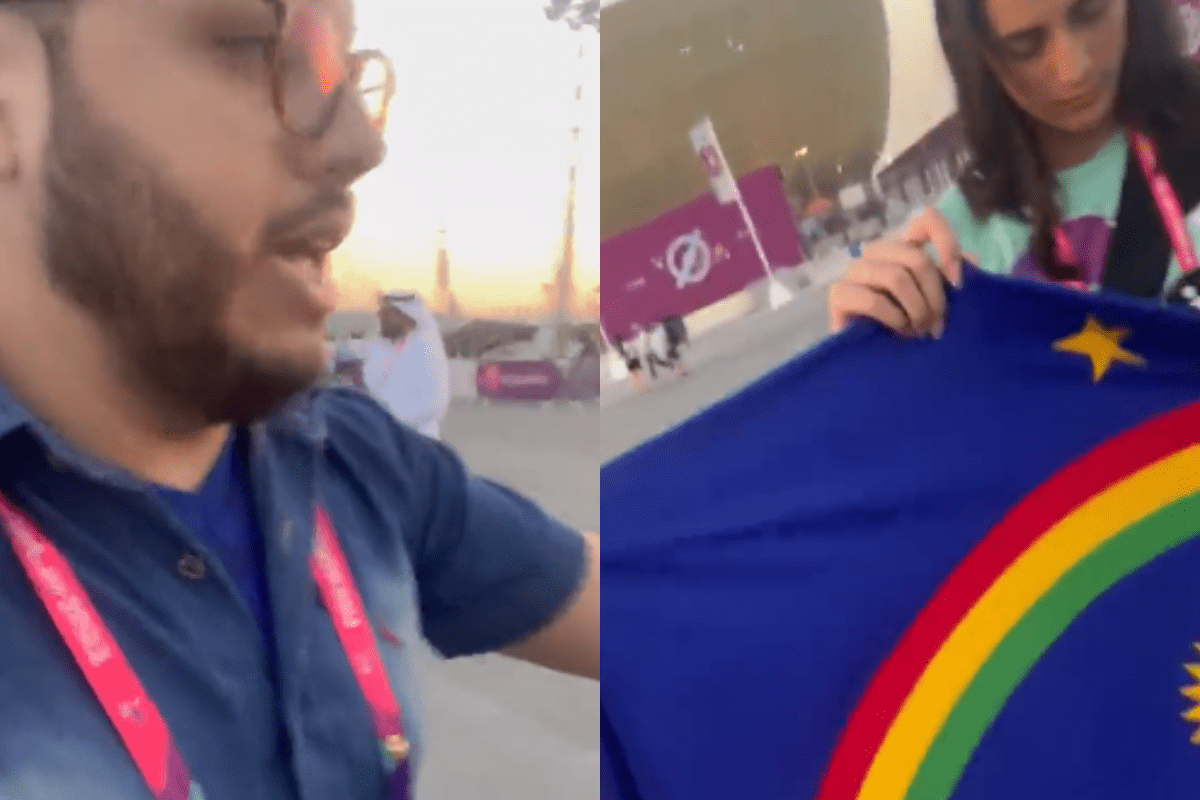 Foto:Captura de pantalla|Periodista denuncia que guardias de la FIFA confundieron la bandera de Pernambuco con la del LGBT