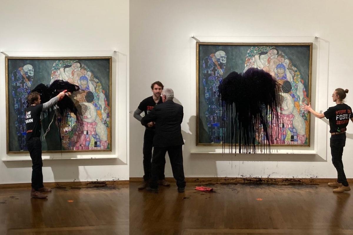 Foto: Twitter/ @letztegenAT | ¡Se acabó la comida! Activistas arrojan petróleo sobre pintura de Klimt 