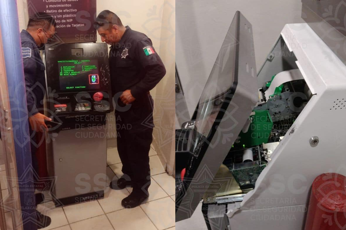 Foto: Policía Estatal Tlaxcala | Usuario destroza cajero automático por “tragar” su tarjeta.