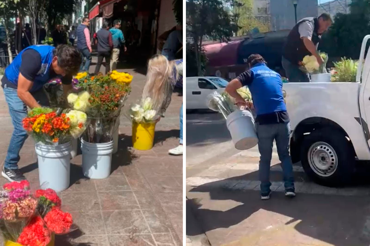 Foto: Captura | A través de un video, se observa como seis persona suben a un vehículo oficial varias cubetas con flores. mercancía