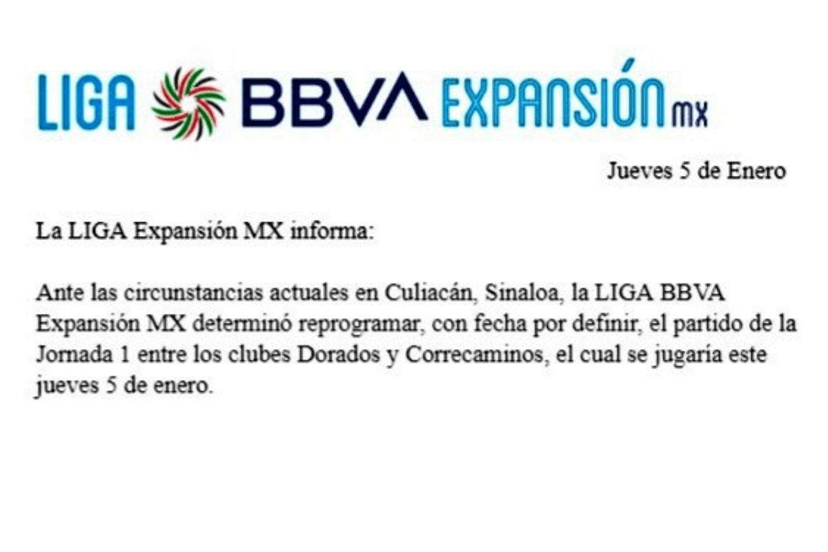 Foto:Twitter/@LigaMXExpansion|Reprogramarán el partido de Dorados vs Correcaminos por los hechos en Sinaloa