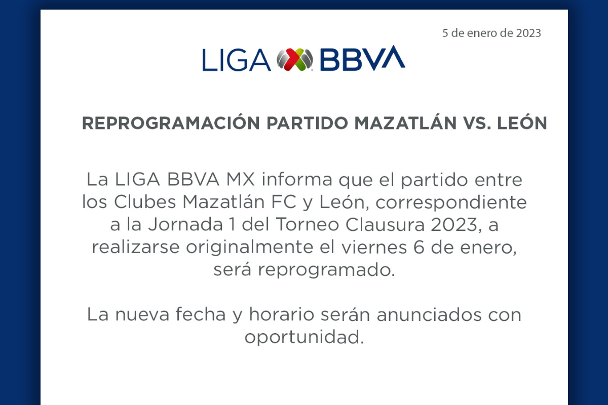 Foto:Twitter/@LigaBBVAMX|Liga MX cancela el juego entre Mazatlán y León de la jornada 1