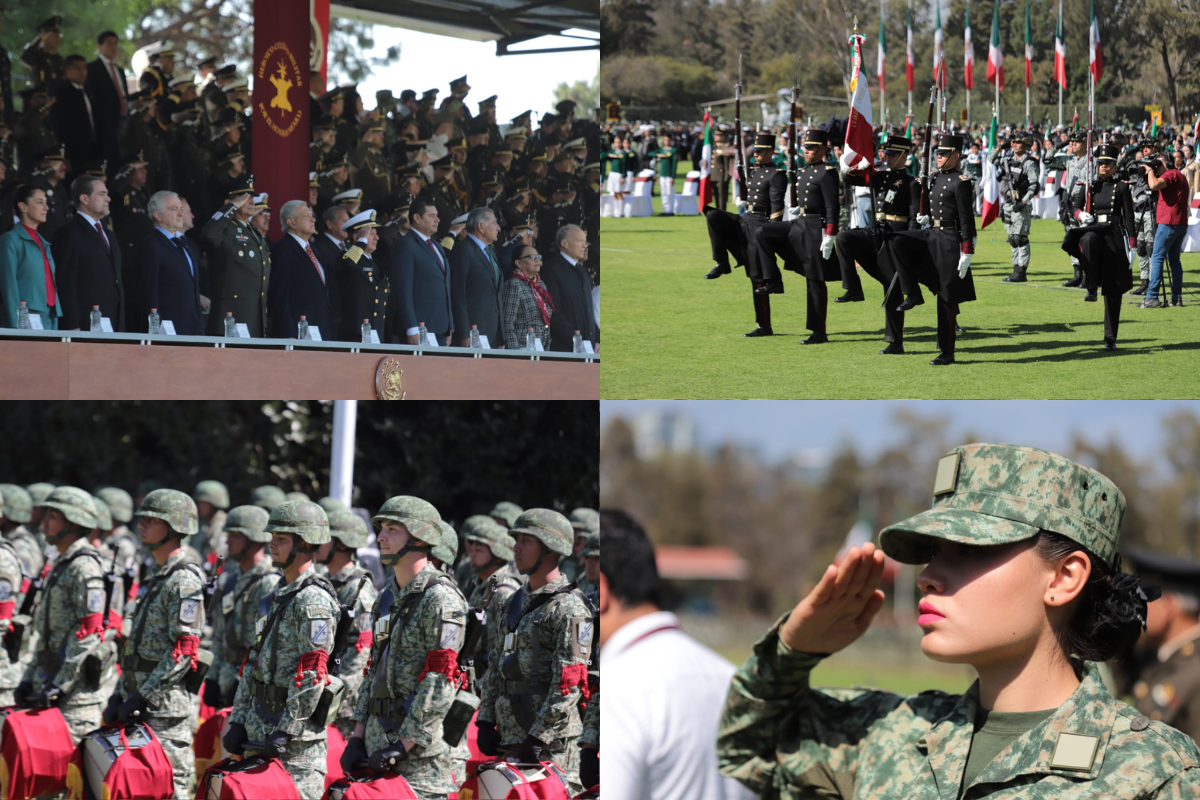 Previo al incio de la ceremonia por el Día de la Bandera, la Escolta del Ejército Mexicano desenfunda la bandera nacional