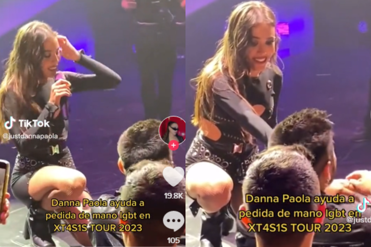 Foto:Captura de pantalla|¡Ay el amor! Danna Paola ayuda a que pareja LGBT+ se comprometa en su show