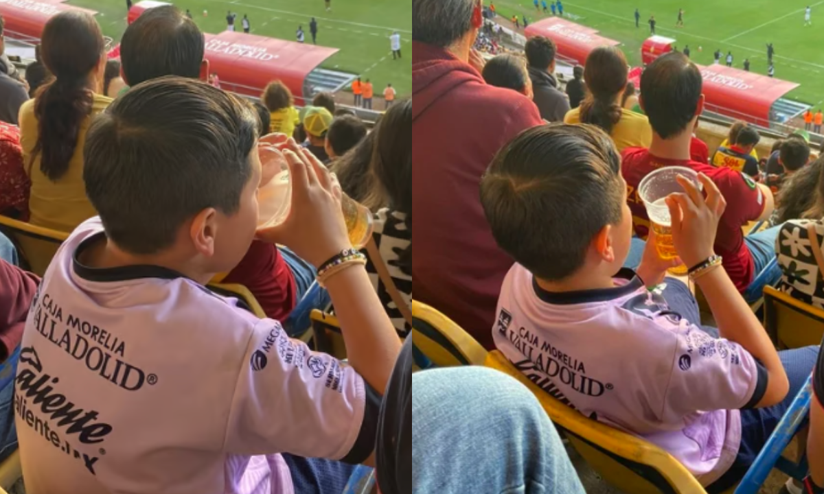 Foto:Redes sociales|¡Cachado! Niño se viraliza al ser captado tomando cerveza en un estadio