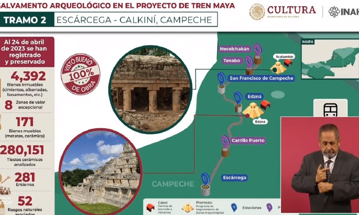 El Tramo 2 del Tren Maya, que va de Escárcega a Calikiní, Campeche está concluido, informó el INAH.