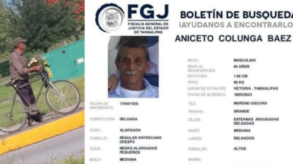 Familiares y autoridades de Tamaulipas buscan a Aniceto Colunga, quien desapareció el 10 de mayo tras ir a dejar flores al panteón