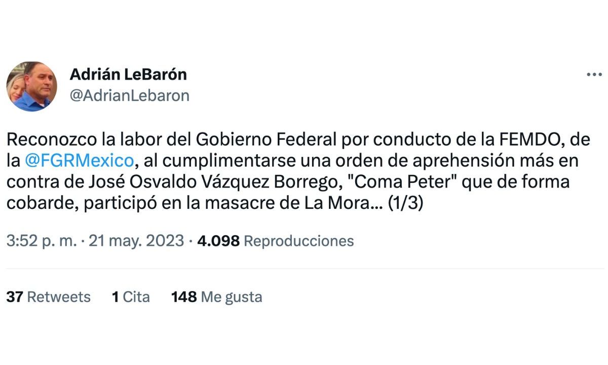 Adrián LeBarón reconoció a las autoridades por la captura de quien habría perpetrado el ataque