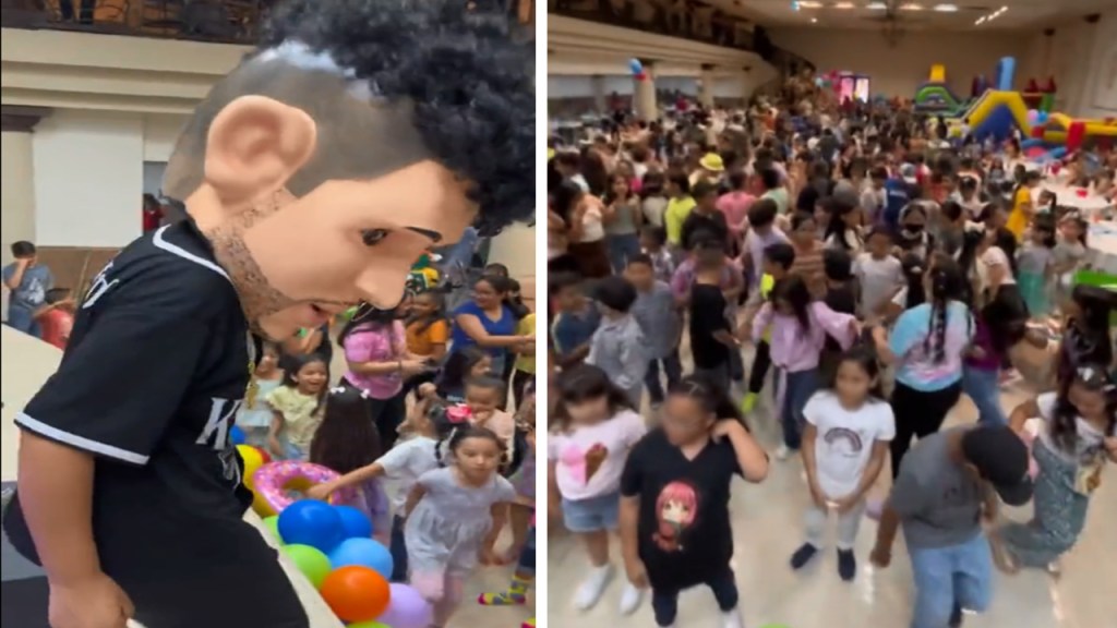 Niños cantan corridos de Peso Pluma en festejo escolar