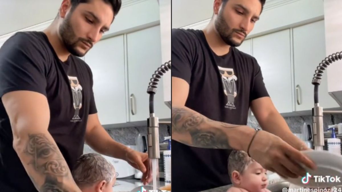Foto:Captura de pantalla|VIDEO: Tuden a hombre por bañar a su bebé junto a los platos de la comida