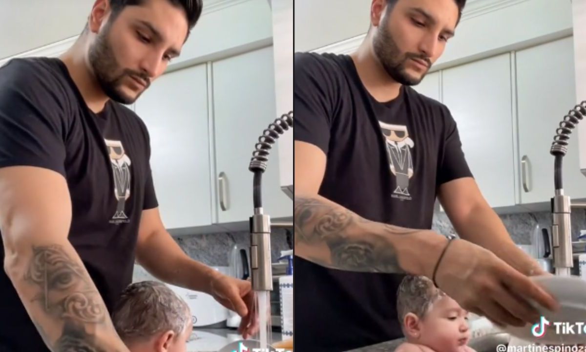 Foto:Captura de pantalla|VIDEO: Tuden a hombre por bañar a su bebé junto a los platos de la comida
